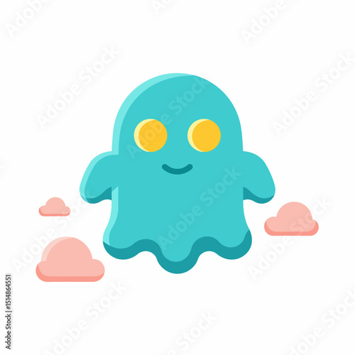 Cute Halloween Ghost Flying Among Clouds