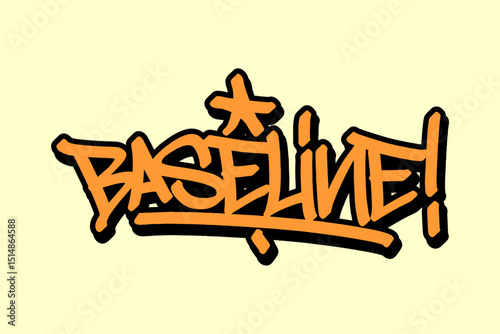 Baseline graffiti tag in vibrant orange lettering with black outline on yellow background. Bold urban style, ideal for basketball fans, street culture, and dynamic sports projects.