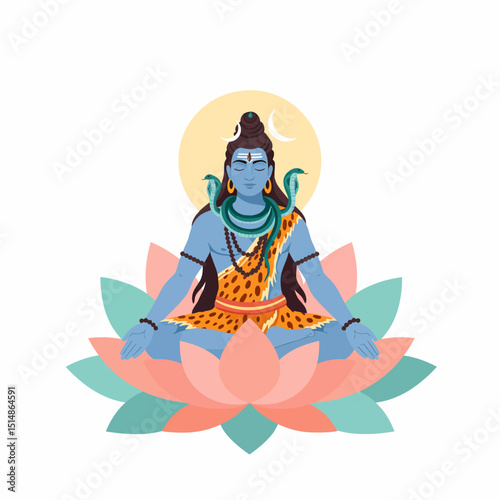 Lord Shiva Meditating Spiritual Hindu Deity On Lotus Flower