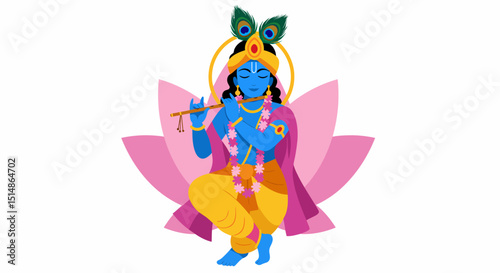 Krishna Playing Flute Against Pink Lotus