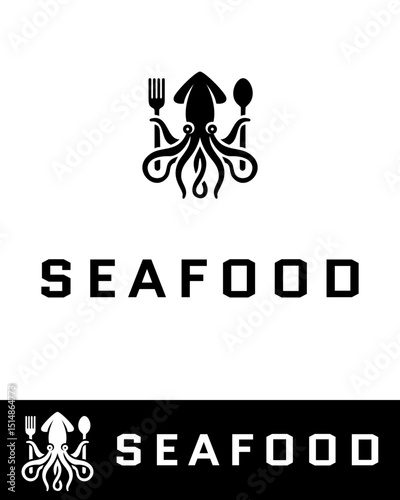A creative and minimalist logo design featuring a squid combined with a fork and spoon, ideal for restaurants, seafood brands, culinary businesses