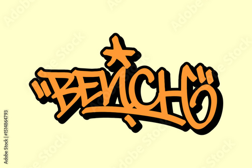 Graffiti tag “Bench” in orange with black outline on yellow background. Bold street art style highlighting the basketball bench with dynamic, vibrant energy.