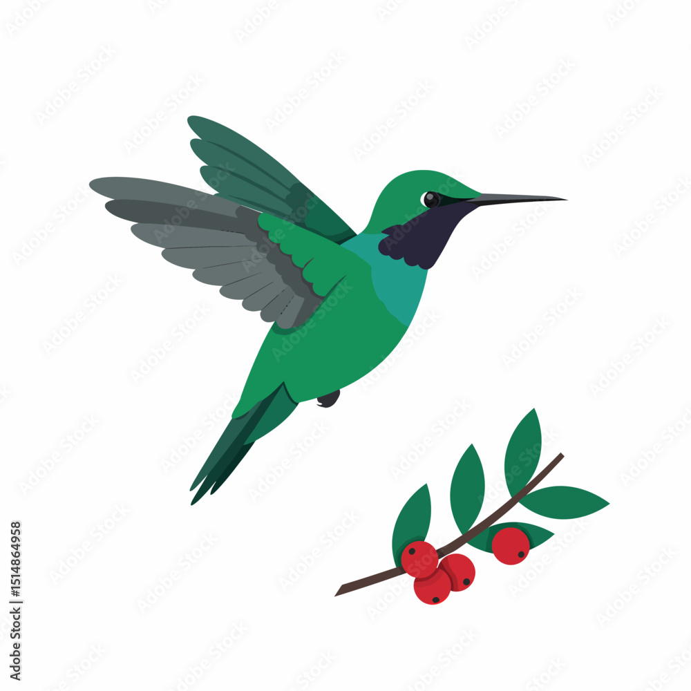 Obraz premium Emerald Hummingbird Flying To Berries