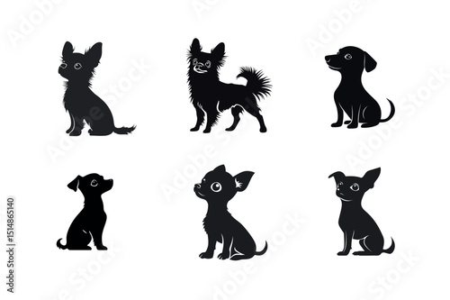 Six silhouettes of cute chihuahuas in different poses