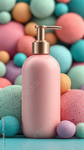 Pink lotion pump bottle stands elegantly among colorful abstract pastel spheres, creating vibrant and playful atmosphere. soft textures and hues evoke sense of calm and creativity