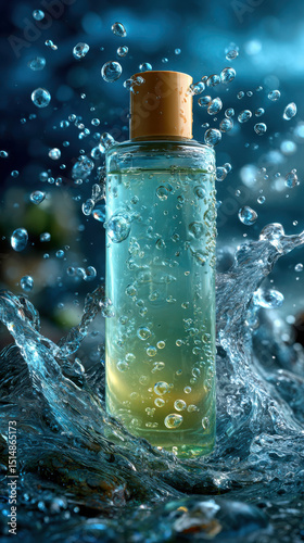 Clear lotion bottle surrounded by dynamic water splashes, creating refreshing and vibrant atmosphere. interplay of light and water enhances product appeal, evoking sense of hydration