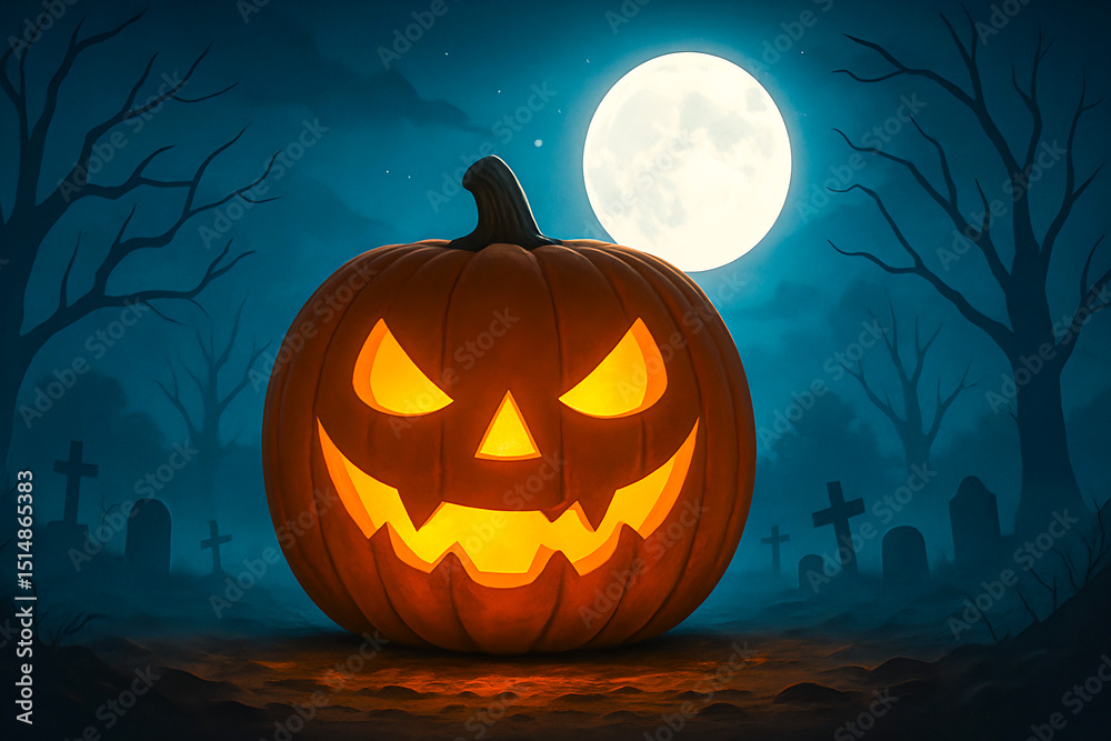 Fototapeta premium Spooky Halloween Pumpkin with Full Moon in Background