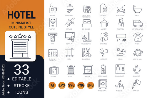 hotel elements, editable stroke web icon set – thin outline travel and tourism vector collection