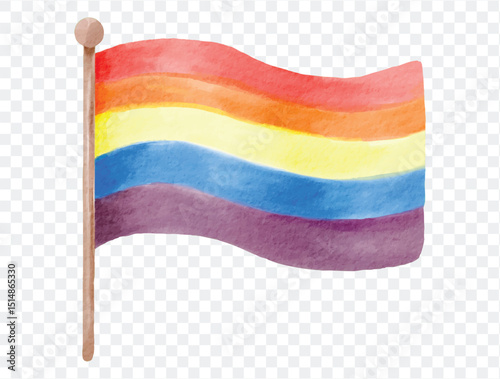 Waving rainbow pride flag on a pole, hand painted in watercolor style to express love and diversity. vector