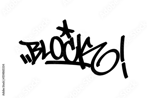 Graffiti tag “Block” in bold black lettering on transparent background. Urban street art style depicting the defensive basketball move with strong, edgy vibes.