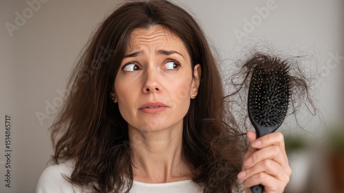 A photo of woman. She is looking at the hairbrush that has many large and small strands of dark brown hair on it