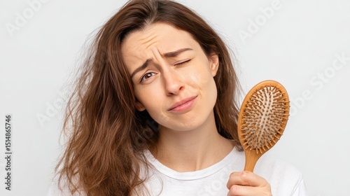 A photo of woman. She is looking at the hairbrush that has many large and small strands of dark brown hair on it