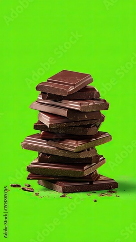 A tidy pile of chocolate bars isolated on a green background
