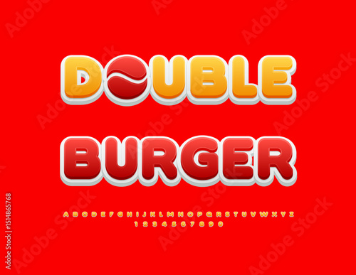 Vector Cooking flyer Double Burger. Artistic Uppercase Font. Round Alphabet Letters, Numbers and Symbols