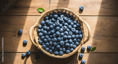 A basket of fresh blueberries placed on a wooden table under sunlight. 
