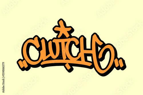 Graffiti tag “Clutch” in orange with black outline on yellow background. Bold street art, ideal for basketball clutch moments and high-energy urban designs.