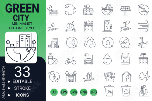 Green city elements icon set – editable thin line eco symbols for zero waste, CO2 neutral, bike use, air and water quality