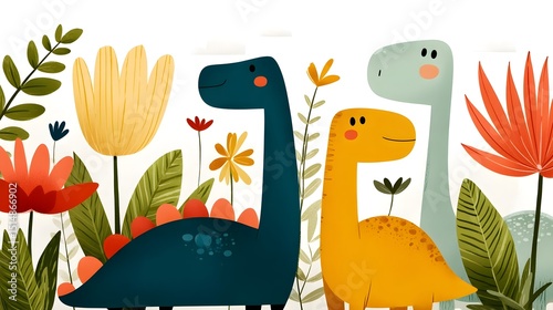 Wallpaper Mural Pastel cartoon dinosaurs in a floral garden Torontodigital.ca