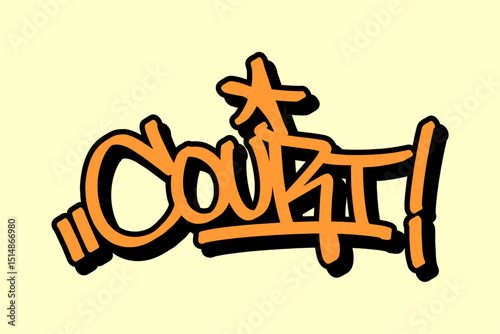 Graffiti tag “Court” in orange with black outline on yellow background. Bold street art, ideal for representing basketball courts and vibrant urban sports energy.