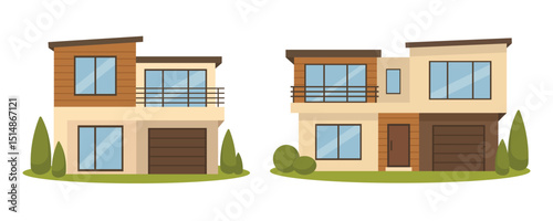 Modern house vector set, Flat style residential buildings, Urban cottages, Suburban and contemporary real estate homes collection