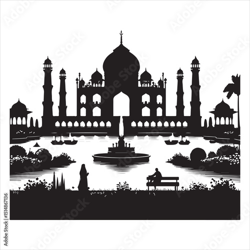 Mughal Garden Silhouettes Elegant Landscape and Architecture  , black colour vactor 