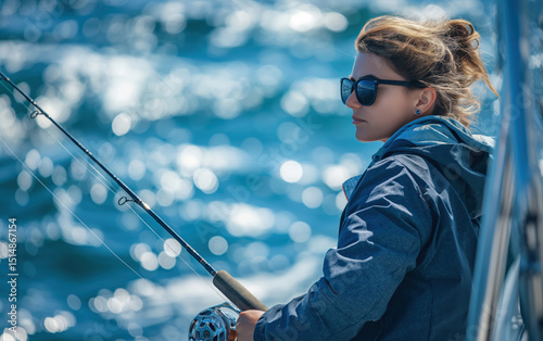 Focused woman fishing in ocean with rod from boat. Leisure activity on sunny day.
