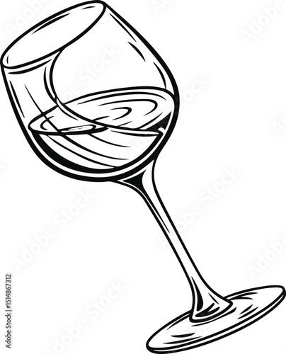 Elegant Tilted Wine Glass with Red Wine Sketch – Black and White Vector Illustration