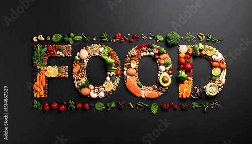 FOOD word art creatively composed of fresh with healthy food items on a dark background.