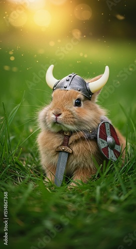 Adorable Bunny Rabbit in Viking Helmet Shield and Sword Posing in Grass