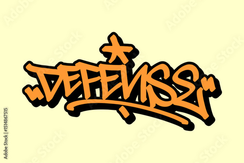 Graffiti tag “Defense” in orange with black outline on yellow background. Bold street art, ideal for showcasing fierce basketball defense and urban sports energy.