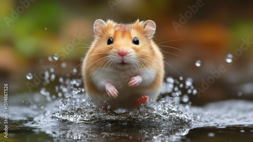 Cute hamster leaps across water, splashing