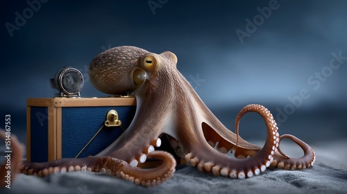 Octopus entangled with a vintage in a surreal underwater scene