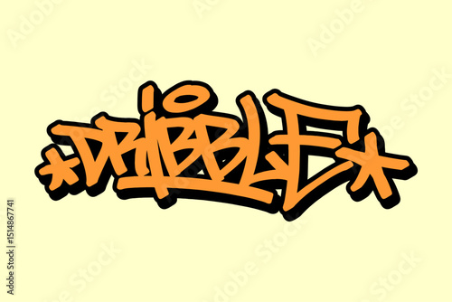 Graffiti tag “Dribble” in orange with black outline on yellow background. Bold street art, ideal for showcasing basketball ball control and urban sports energy.