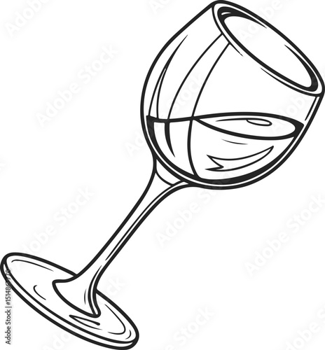 Tilted Wine Glass with White Wine – Elegant Black and White Hand Drawn Vector Illustration