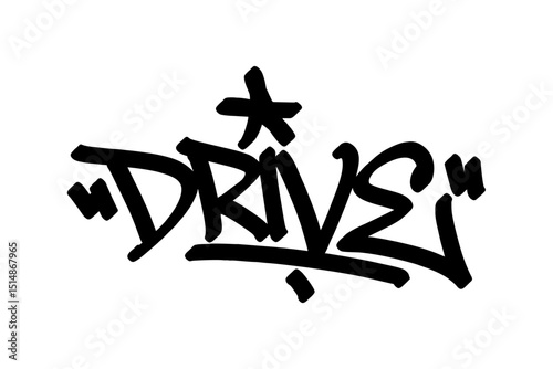 Graffiti tag “Drive” in bold black lettering on transparent background. Urban street style, perfect for dynamic basketball moves and energetic sports designs.