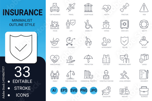 insurance and safety elements – minimal thin line icon set, editable stroke symbols for web