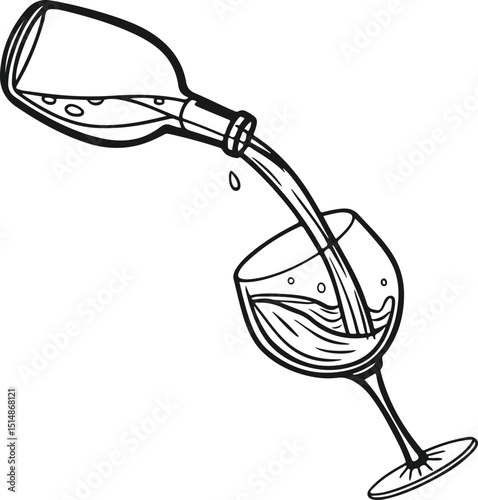 Elegant Wine Bottle Pouring into Glass Vector Line Art Illustration
