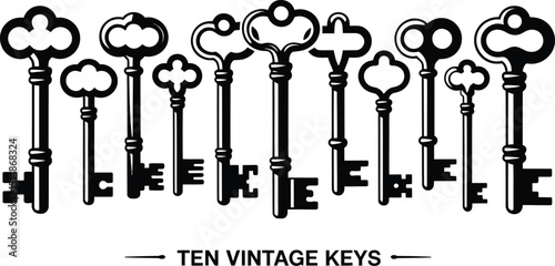 vintage keys, silhouette, monochrome, antique, classic, retro, old-fashioned, ornate, intricate, detailed, shadows