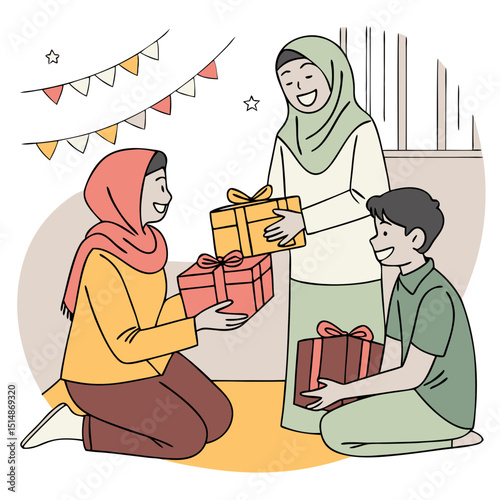 Heartwarming Eid scene with people joyfully exchanging beautifully wrapped gifts, smiles, and festive warmth