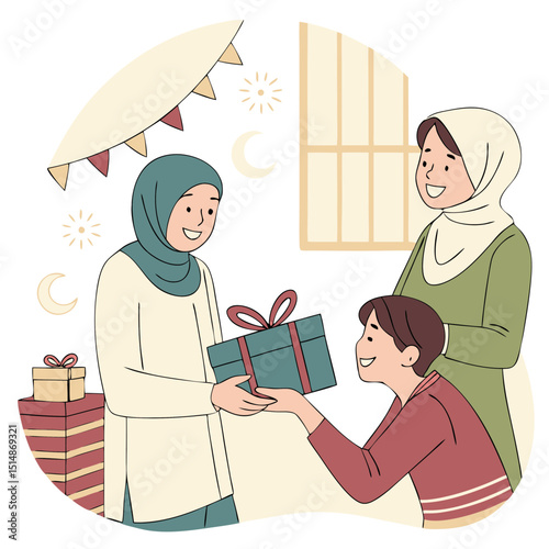 Heartwarming Eid scene with people joyfully exchanging beautifully wrapped gifts, smiles, and festive warmth