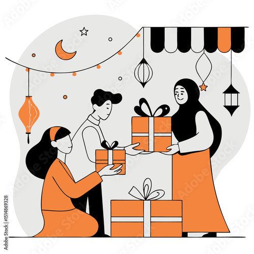 Heartwarming Eid scene with people joyfully exchanging beautifully wrapped gifts, smiles, and festive warmth