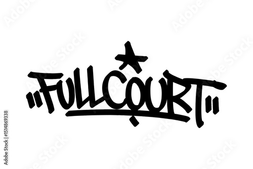 Graffiti tag “Fullcourt” in bold black lettering on transparent background. Perfect for streetball style, full-court intensity, and urban basketball-themed art projects.