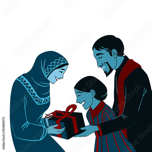 Heartwarming Eid scene with people joyfully exchanging beautifully wrapped gifts, smiles, and festive warmth