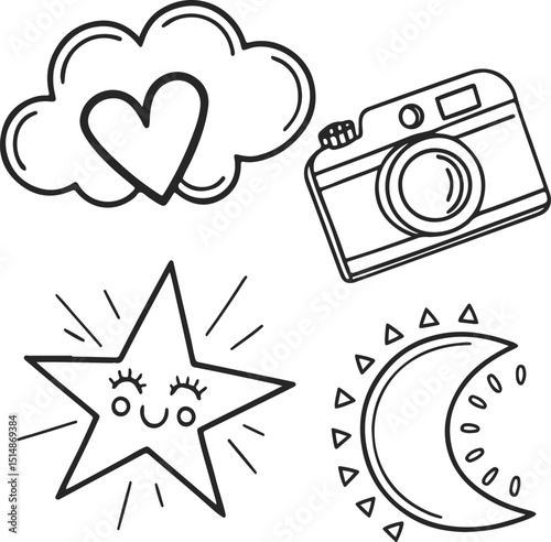 Cute Doodle Icons – Star, Moon, Camera, Cloud with Heart Line Art Set