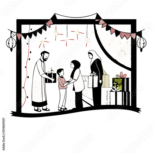 Heartwarming Eid scene with people joyfully exchanging beautifully wrapped gifts, smiles, and festive warmth