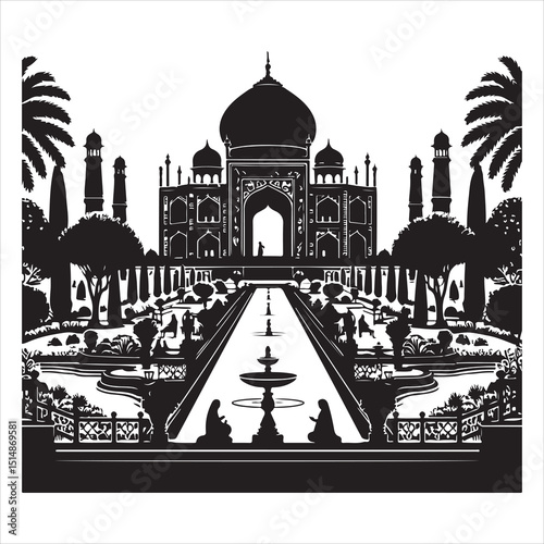 Mughal Garden Silhouettes Elegant Landscape and Architecture  , black colour vactor 