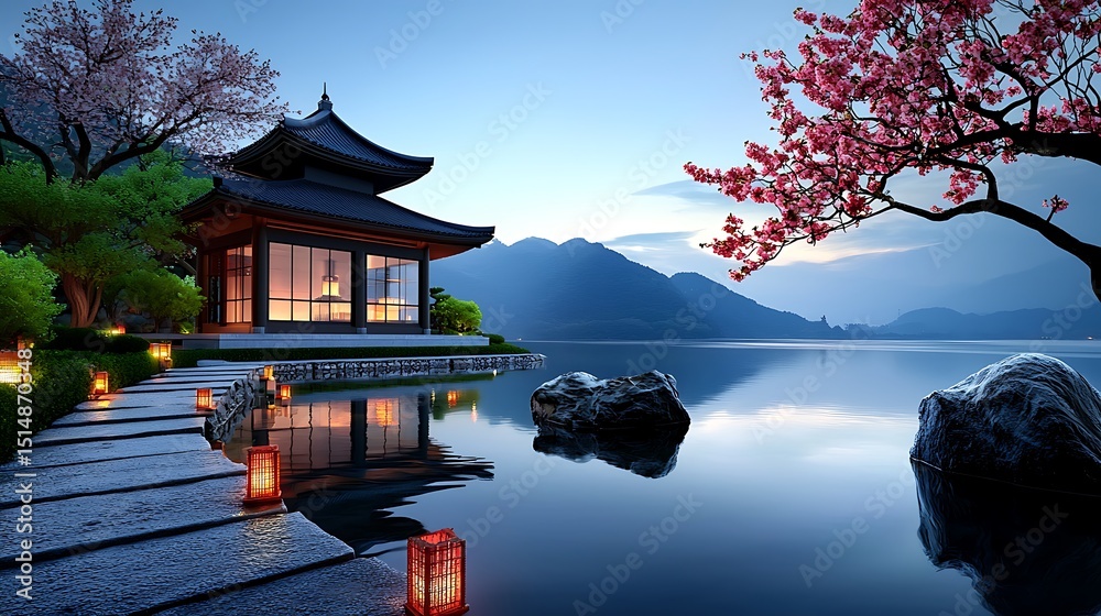 Fototapeta premium Tranquil Lakeside Temple with Cherry Blossoms at Dusk