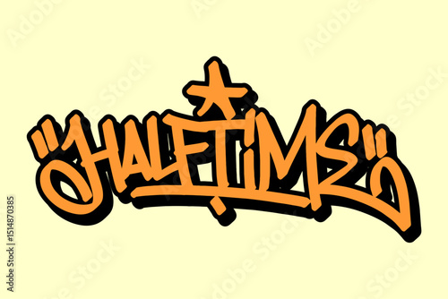 Graffiti tag “Halftime” in vibrant orange with black outline on yellow background. Bold and expressive, ideal for basketball visuals, halftime concepts, and lively urban sports designs.