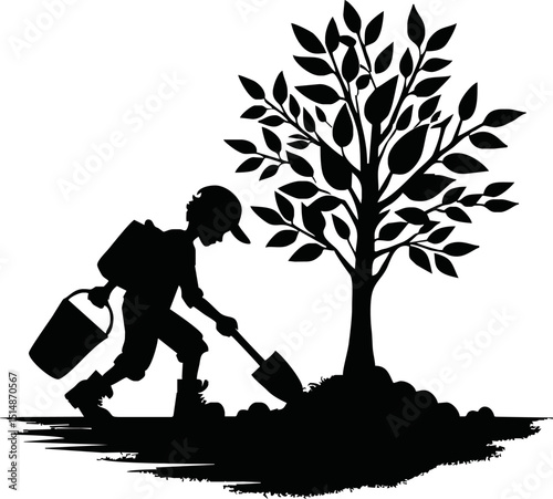 Silhouette of eco-friendly cartoon character planting a tree vector isolated on white background