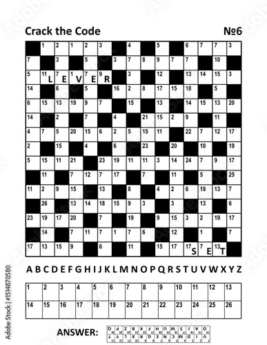 Crack the code crossword puzzle or game (codebreaker, codeword, codecracker, coded crossword) with two hints, words LEVER, SET. Puzzle 6. Answer included.
